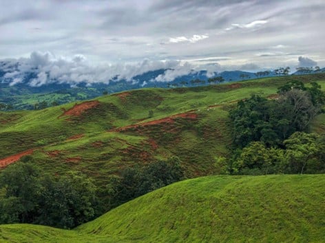 Colinas verdes onduladas con parches de tierra rojiza y bosque bajo nubes bajas